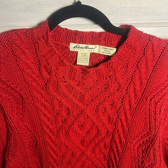 Vintage Eddie Bauer Red Oversized Crewneck Chunky Aran Knit Grandpa Sweater - Picture 4 of 6